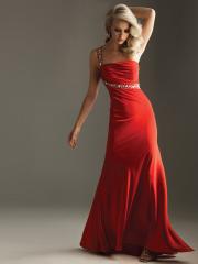 Red Satin Beaded One-Shoulder Neckline Sleeveless Floor-Length Prom Dress