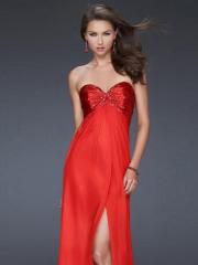 Red Satin Chiffon Beaded Bodice Strapless Sweetheart Neckline Sleeveless Floor-Length Evening Dress