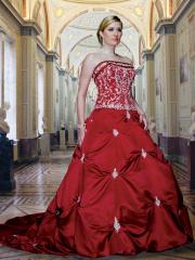 Red Satin Strapless Gown Bodice Accented with Hand-Patterned Embroidery Wedding Dresses