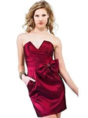 Red Shinny Satin Strapless V-neckline Ruche Bodice Bow Tie Ornament Homecoming Dresses