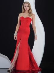 Red Taffeta Sheath Style Strapless Sweetheart Neckline Side Slit Feather Train Celebrity Dresses