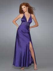 Regency Low V-neckline Beaded Halter Strap Empire Waist Slit Accented Evening Dresses