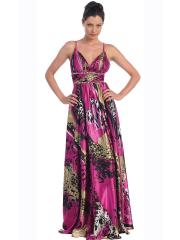 Rhinestone Shoulder Straps Low V-neckline Full Length Multicolored Print Evening Dresses