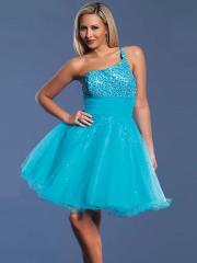 Romantic Blue Organza One-shoulder Strap Sequined Bodice and Swinging A-line Prom Dresses
