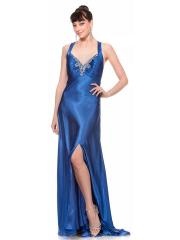 Royal Blue Satin V-neckline Beaded Trim Side Slit Full Length Sheath Style Evening Dresses