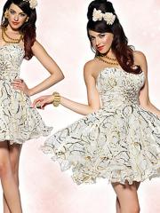 Sassy Strapless Short A-Line Homecoming Dress of Gold Sequins Front Bust and Skirt