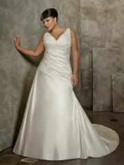 Satin A-Line Deep V-Neck Plus Size Wedding Dress with Ruche Waistline