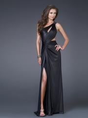 Satin Black One-Shoulder Keyhole Neckline Sleeveless Floor-Length Side Cut-Out Celebrity Dress