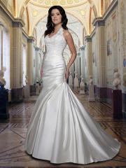 Satin Fit And Flare Gown with Lace Bodice Halter Neckline Chapel Train Wedding Dresses