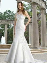 Satin Fit And Flare Gown with One Shoulder Strap Zipper Back and Chapel Train Wedding Dress