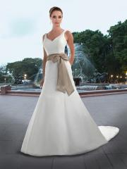 Satin Fit And Flare Gown with V Neck And Back Attached Taffeta Sash and Button Detail Over Zipper Back Dresses