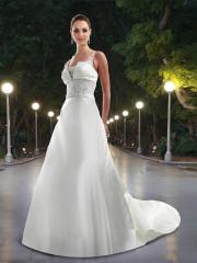 Satin Gown with V Notch Bust Opens To Embroidered Net That Forms Wedding Dresses
