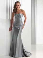 Satin Sliver Strapless Neckline Sleeveless Floor-Length Tucked Beaded Celebrity Dress