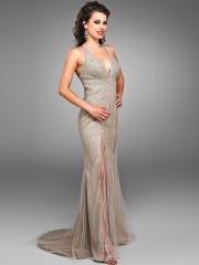 Satin Tulle Deep V-neckline Sequined Embellishment Side Slit Full Length Celebrity Dresses