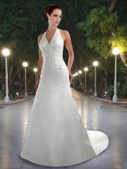 Satin V Neck Halter Gown with Heavily Embroidered Bodice And Train Wedding Dresses