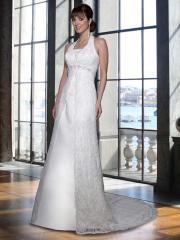 Satin and Overall Lace A-Line Gown Halter Neckline Accented with Scalloped Edge Wedding Dresses