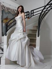 Satin gown with strapless sweetheart neckline pleated bodice with buttons over zipper on back Dress