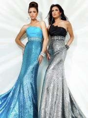 Scalloped Neck Blue or Black Satin and Sequined Sheath Style Celebrity Dresses