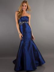 Scalloped Neck Dark Royal Blue Taffeta Evening Gown with Beaded Accents at Front Bust