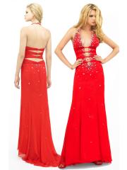 Sequined Deep V-Neck Neckline Sleeveless Floor-Length Red Chiffon Sheath Celebrity Dress