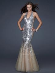 Sequined Tulle Halter V-Neck Neckline Sleeveless Floor-Length Celebrity Dress