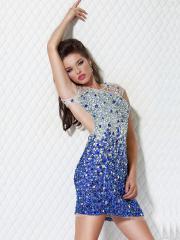 Sexual High Neck Cap Sleeved White and Royal Blue Rhinestone Embellished Cocktail Dress