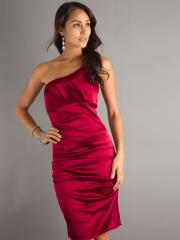 Sexy Red Satin One Shoulder Short Length Ruched Cocktail Dress