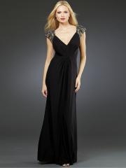 Sheath Black Chiffon Floor Length Cap Sleeved Sequined Draped Evening Gown 2012