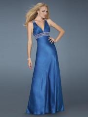 Sheath Deep V-Neck Floor Length Royal Blue Silky Satin Beaded Accent Prom Dresses