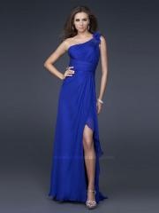 Sheath Floor Length Dark Royal Blue Chiffon One-Shoulder Slit Prom Occasion Dress
