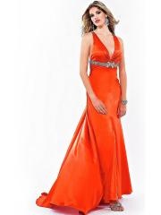 Sheath Floor Length Deep V-Neck Orange Elastic Chiffon Bridesmaid Dress of Beadwork