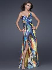 Sheath Floor Length Multi-Color Printed One-Shoulder Slit Brooch Front Evening Gown