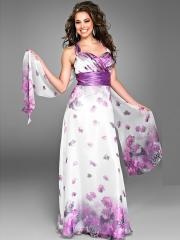 Sheath Floor Length Multi-Color Printed Purple Satin Sash Embellished Dress with Shawl