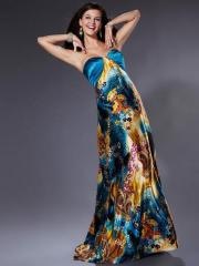 Sheath Floor Length Multi-Color Printed Satin Cut-Out Detailing Back Celebrity Dresses