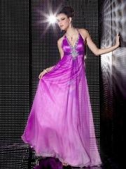 Sheath Floor Length Plunging V-Neck Purple Chiffon Rhinestone Front Prom Party Dress
