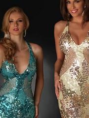 Sheath Floor Length V-Neck Hunter or Champagne Sequined Cloth Prom Dresses