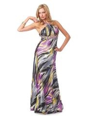 Sheath Jewel Neck Floor Length Multi-Color Printed Crisscross Back Evening Dresses