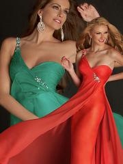 Sheath One-Shoulder Floor Length Orange Red or Green Chiffon Brooch Celebrity Gown
