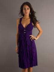 Sheath Short Knee-Length Purple Halter Top Ruffled Skirt Chiffon Bridesmaid Dress
