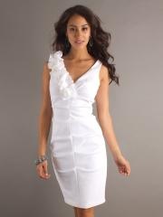 Sheath Short Knee-Length White Stretch Satin Ruffled Bust Junior Bridesmaid Dress