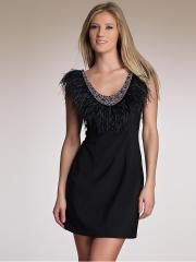 Sheath Short Length Black Satin Scoop Beaded and Feathered Cocktail Party Dress of Open Back