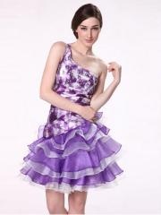Sheath Short Length One-Shoulder Lavender Taffeta and Organza Tiered Wedding Guest Dress