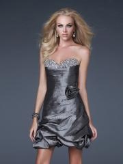 Sheath Short Length Strapless Silver Heavy Silky Taffeta Floral Embellished Cocktail Party Dress