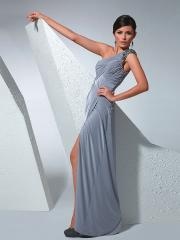 Sheath Silhouette One-shoulder Asymmetrical Neckline Ruched Detail Side Slit Evening Dresses