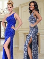 Sheath Slit Ankle-Length One-Shoulder Royal Blue or Dark Navy Sequined Satin Celebrity Dress