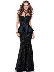 Sheath Strapless Black Sequined and Satin Floor Length Evening Party Dress