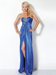 Sheath Strapless Floor Length Slit Royal Blue Satin Draped Skirt Prom Dress 2012