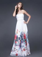 Sheath Style Floor Length Strapless White Chiffon and Printed Beaded Bridesmaid Gown