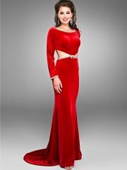 Sheath Style Scoop Neckline Long Sleeves Cut-out Waist Full Length Sweep Train Celebrity Dresses