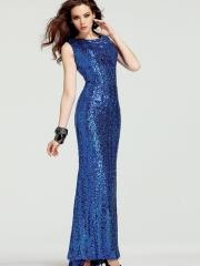 Sheath Style Scoop Neckline Modest Open Back Dark Royal Blue Sequined Evening Dresses